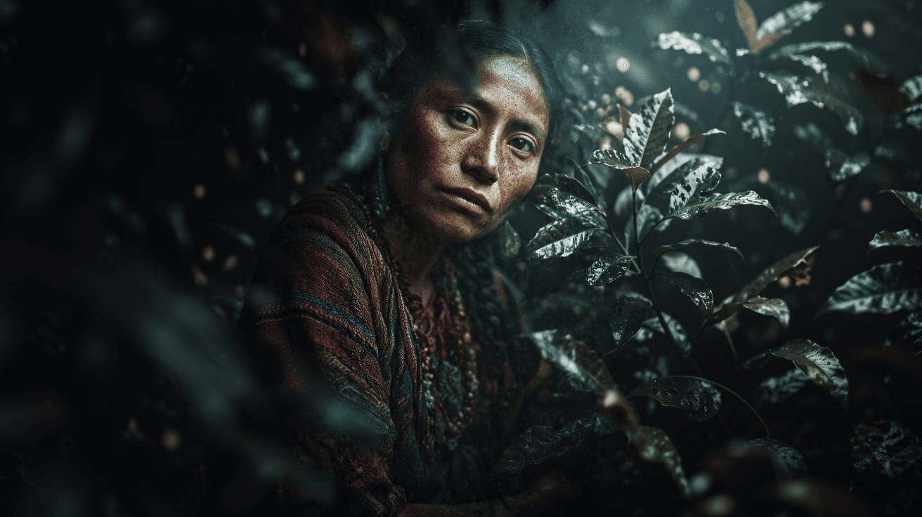 Mujer de la comunidad Maya Tzeltal entre los cafetales